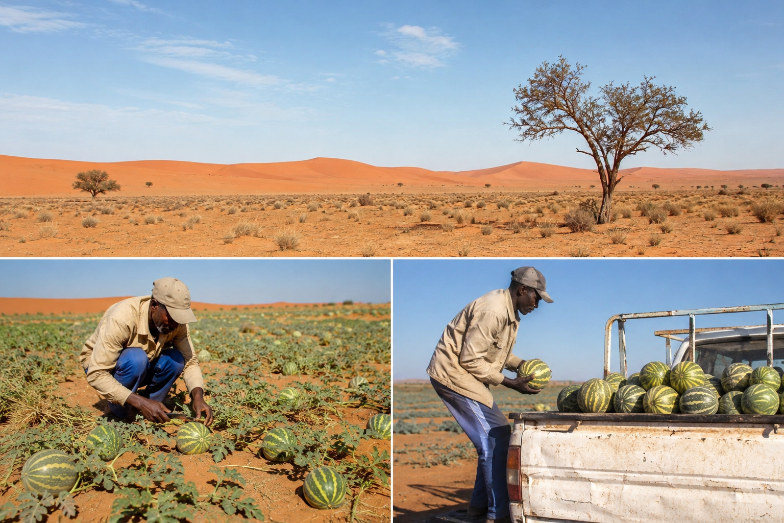 Ernte der wilden Kalahari-Melonen in der Wüste